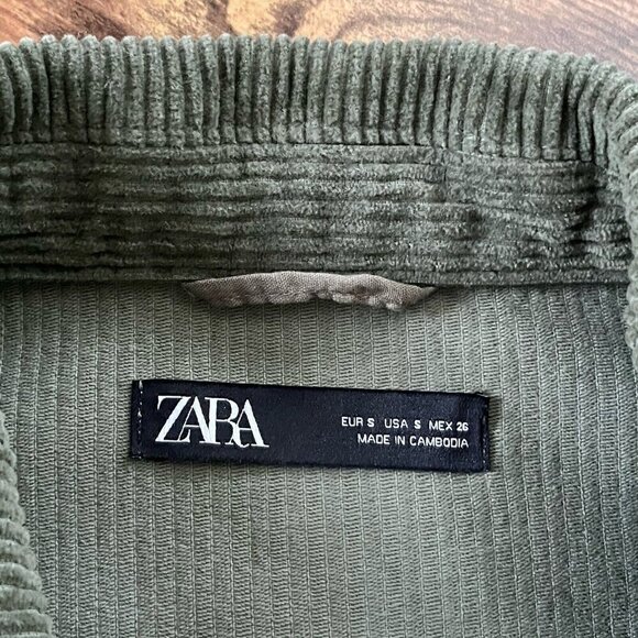 Zara Womens Shacket Sz S Olive Green Corduroy Shirt Jacket Raw Hem Oversized - Picture 8 of 8